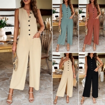 Elegant Solid Color Button Round Neck Sleeveless Patch Pockets Straight-cut Jumpsuit