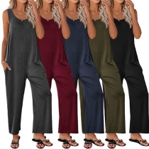 Casual Solid Color Round Neck Sleeveless Side Pockets Straight-cut Loose Jumpsuit