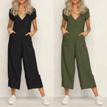 Casual Solid Color V-neck Short Sleeve Button Jumpsuit