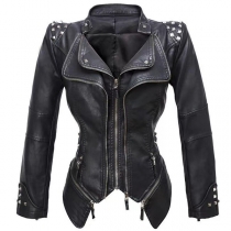Swallowtail Slim Waist Motorcycle PU Leather Jacket with Rivet Details