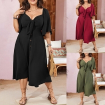 Plus Size Short-Sleeved Dress with Bow Detail and V-Neck