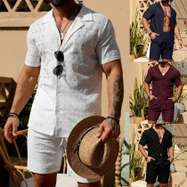 Hollow Solid Color Casual Short-Sleeved Shirt and Drawstring Shorts Two-Piece Suit
