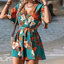 Beach Resort Style Jumpsuit: Lotus Leaf Sleeves, Cross Collar Belt, Short Culottes, Loose Fit