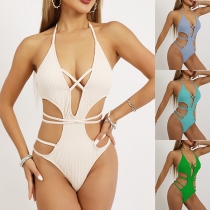 Cross-Border Lace-Up Hollow One-Piece Swimsuit