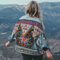 Ethnic Retro Embroidered Women's Long-Sleeved Lapel Straight Denim Jacket
