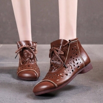 Soft Leather Breathable Short Boots: Soft Soles, Versatile Retro High-Top Hollow Boots with Casual Flat Soles