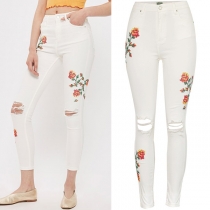Fashion Floral Embroidered Distressed Skinny Denim Jeans