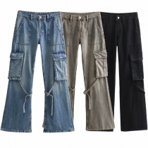 Street Fashion Mid-rise Side Patch Pockets Old-washed Denim Jeans