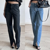 Fashion High-rise Straight-cut Slit Denim Jeans