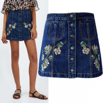 Vintage Floral Embroidery Front Button Patch Pockets Denim Skirt