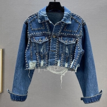 Studded Rhinestone Denim Jacket with Frayed and Beaded Details