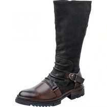 Large Size Brown Solid Color Round Toe Martin Boots: Square Heel High Top Men's Boots