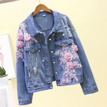 Embroidered Three-Dimensional Flower Ripped Denim Short Jacket
