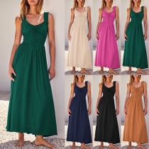 Fashion Solid Color Smock Bodice High-rise Maxi Dress