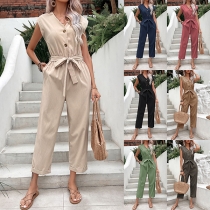 Fashion Solid Color Button V-neck Sleeveless Jumpsuit