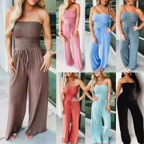 Fashion Solid Color Strapless Smocked Bodice Drawstring Waist Wide-leg Jumpsuit