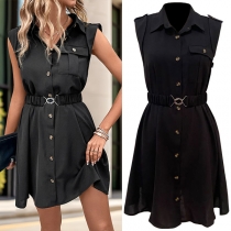 Fashion Stand Collar Sleeveless Front Button Elastic Waist Mini Shirt Dress