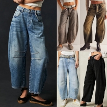 Casual Mid-rise Old-washed Straight-cut Denim Jeans