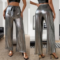 Fashion Silvery Straight-cut Pants