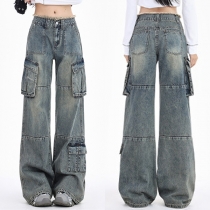 Street Fashion Side Patch Pockets Loose Old-washed Denim Jeans