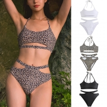 Sexy Leopard Printed Halterneck Cutout Two-piece Bikini Set