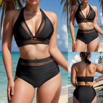 Sexy Halterneck Gauze Spliced Two-piece Bikini Set