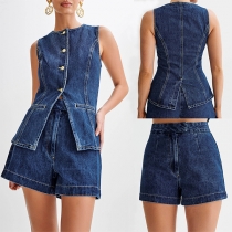 Fashion Denim Two-piece Set Consist of Sleeveless Shirt and Shorts
