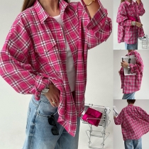 Fashion Checkered Stand Collar Long Sleeve Pink Plaid Blouse