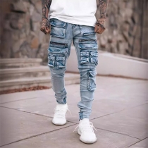 Casual Denim Pencil Pants with Multiple Pockets