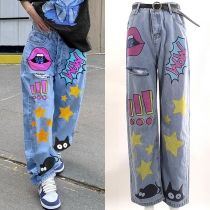Low-Rise Retro Print Slim Straight-Leg Jeans