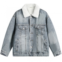 Vintage Warm Plush Lined Long Sleeve Old-washed Denim Jacket for Men
