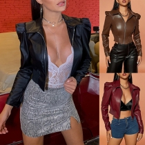 Fashion Puff Long Sleeve Crop Artificial Leather PU Jacket
