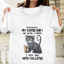 Creative and Funny Cat Coffee Pat Loose T-Shirt