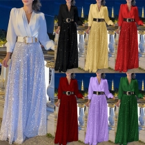 Fashion V-neck Long Sleeve Sequined Spliced Wide-leg Jumpsuit with Belt
