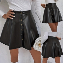 Fashion Front Button High-rise Artificial Leather PU Skirt