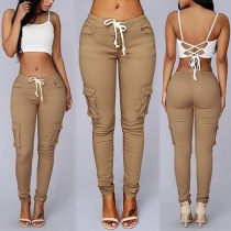 Casual Side Patch Pockets Elastic Drawstring Waist Cargo Pants