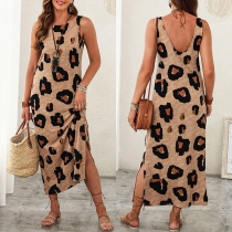 Casual Leopard Printed Round Neck Backless Loose Tank Dress