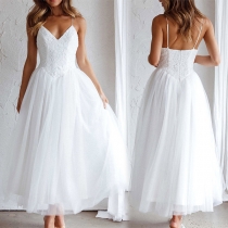 Elegant Lace Spliced Tutu Gauze V-neck Backless Party Dress