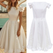 Elegant Lace Spliced Round Neck Ruffle Sleeveless Dress
