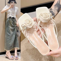Fashion Pearl 3D Rose Square Toe Low-heeled Slippers
