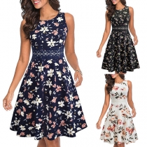 Fashion Floral Printed Round Neck Sleeveless Lace Spliced Mini Dress