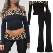 Fashion Leopard Printed Spliced Two-piece Set Consist of Off-the-shoulder Crop Shirt and Flared Pants