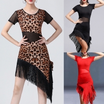 Fashion Leopard Printed Round Neck Short Sleeve Gauze Spliced Tassel Irregular Hemline Dancing Dress