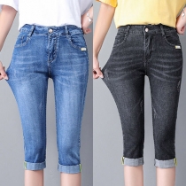 Fashion High-Waisted 7/8 Length Stretchy Skinny Old-washed Denim Jeans