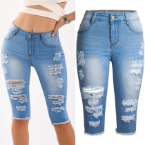 Street Fashion Distressed Old-washed Skinny Denim Shorts