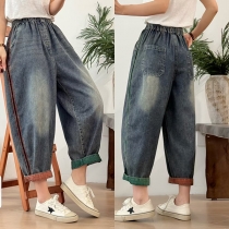 Stretch Denim Drawstring Harem Pants