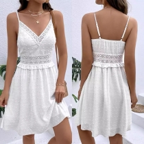 Fashion Swiss-dot Lace Spliced V-neck Slip Dress
