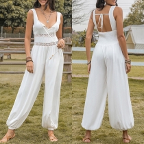 Sexy Lace Spliced Self-tie V-neck Backless Loose Jumpsuit
