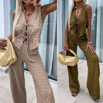 Casual Two-piece Set Consist of Self-tie Vest and Straight-cut Pants