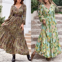 Bohemia Style Floral Printed Self-tie V-neck Long Sleeve Smocked Waist Maxi Dress
